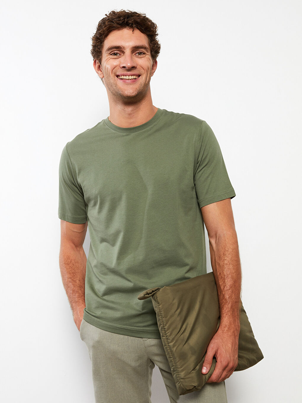 Haki Bisiklet Yaka Penye Erkek Tişört-1