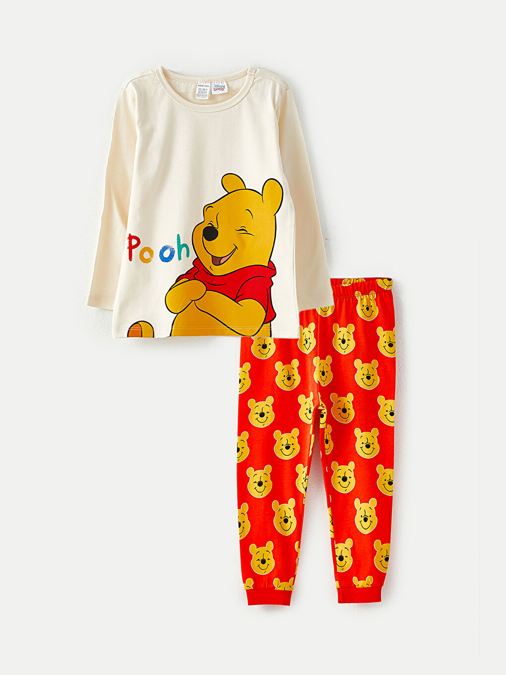 Ekru Bisiklet Yaka Uzun Kollu Winnie the Pooh Baskılı Erkek Bebek Pijama Takımı