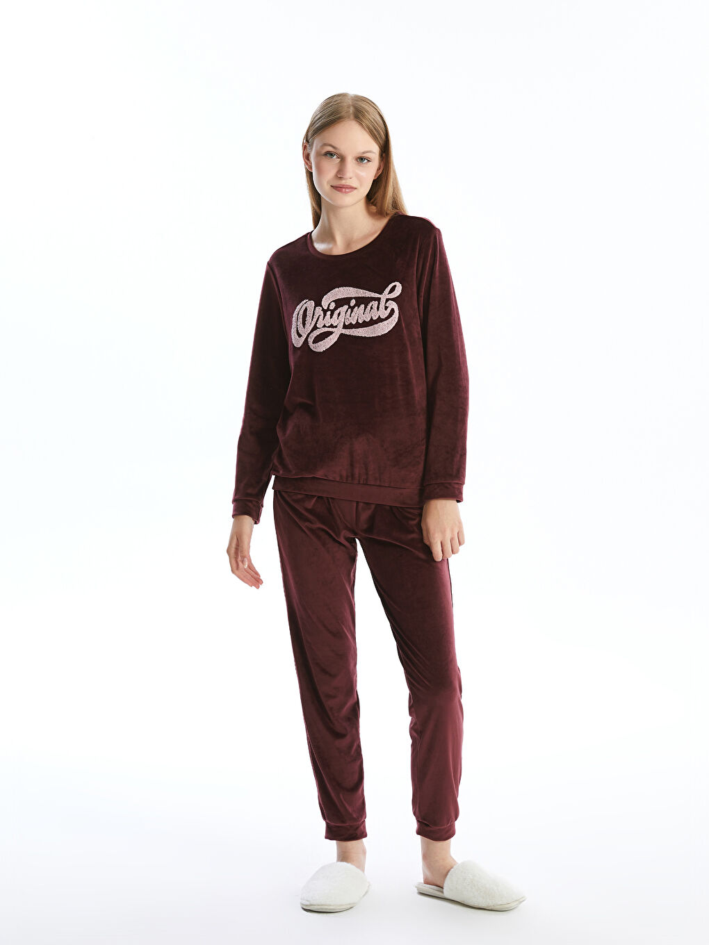 Mürdüm Bisiklet Yaka Nakışlı Uzun Kollu Kadın Pijama Takımı-1