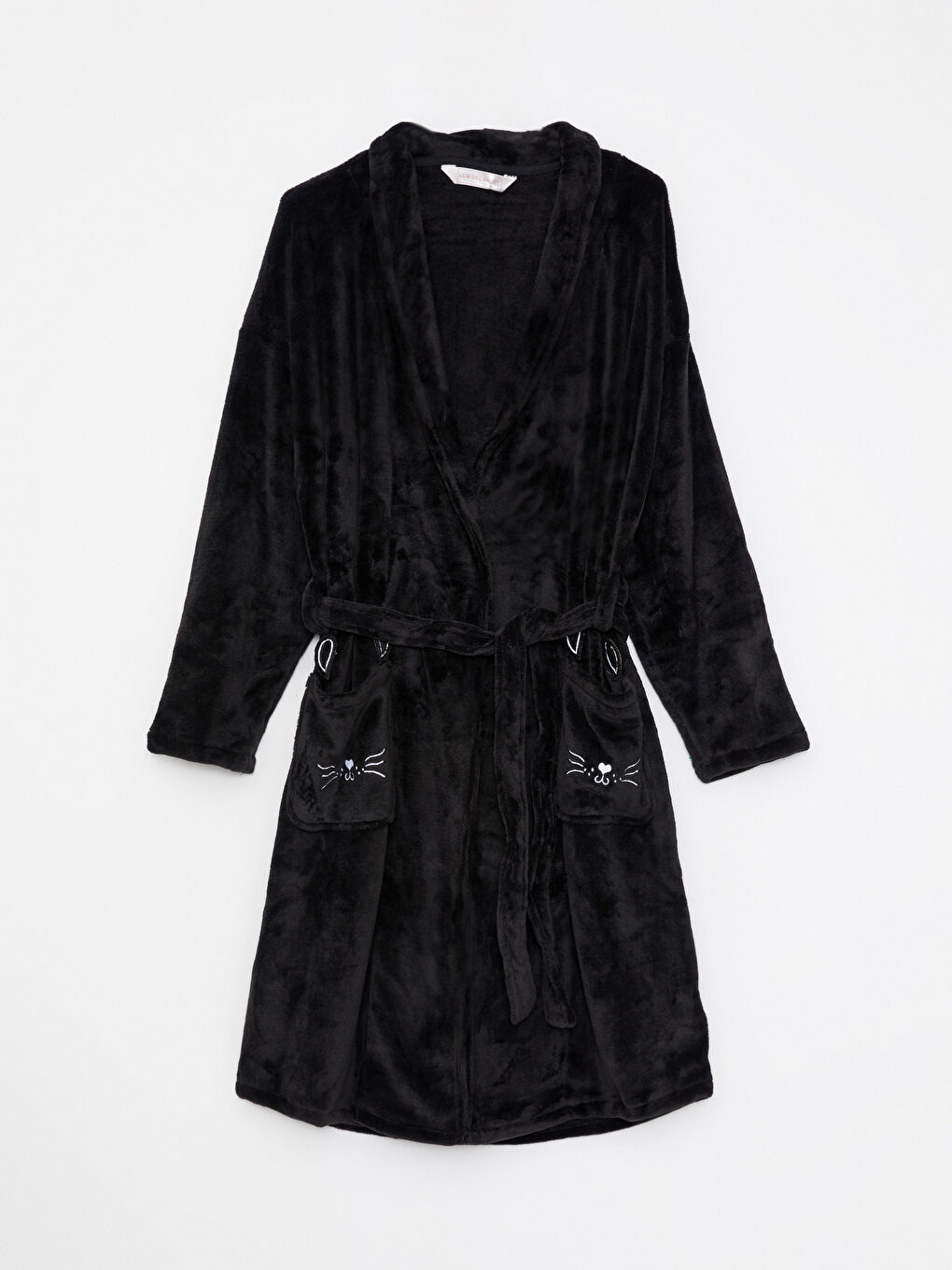 Siyah Şal Yaka Baskılı Uzun Kollu Pelüş Kadın Sabahlık-5