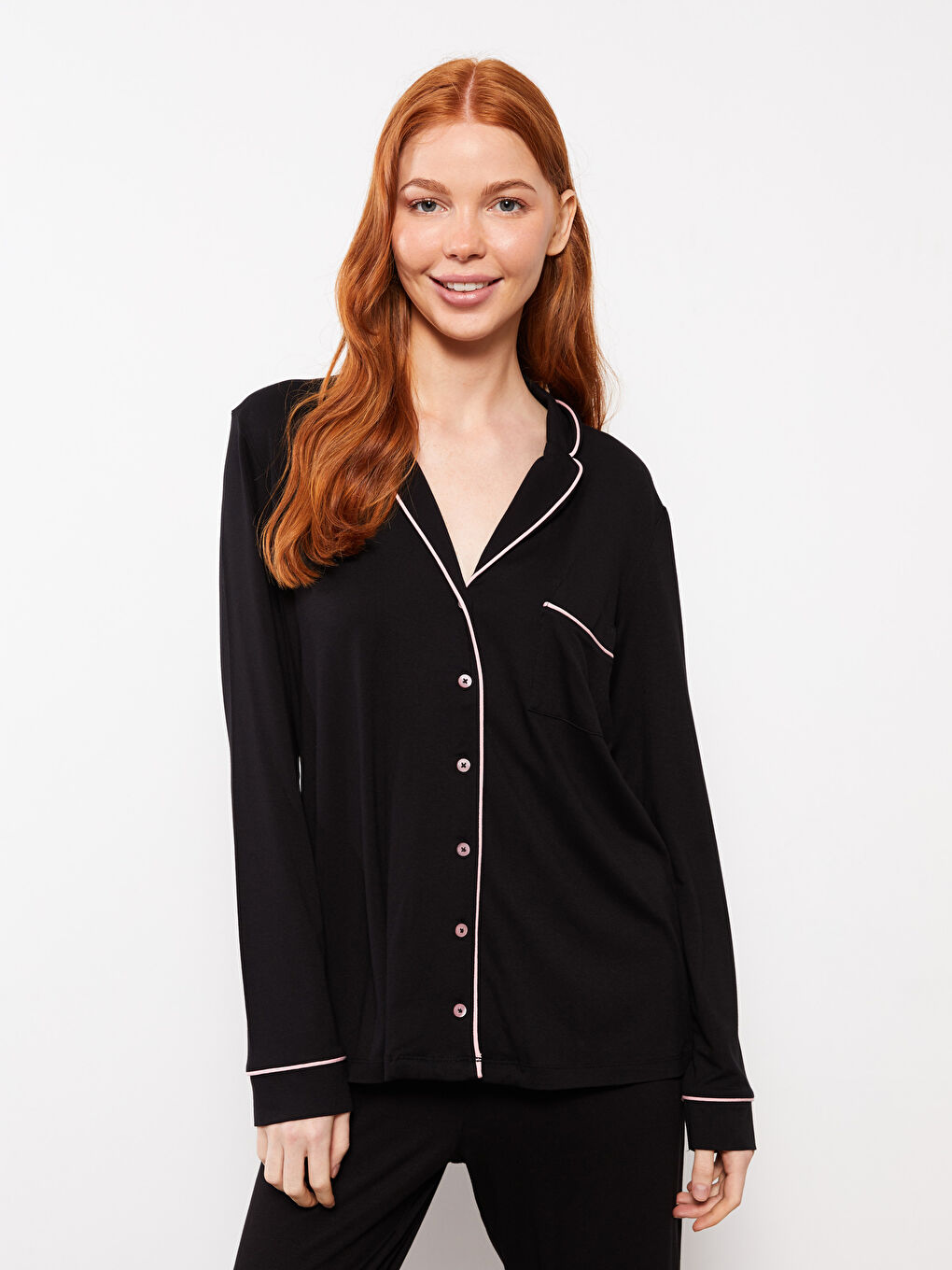 Siyah Gömlek Yaka Düz Uzun Kollu Kadın Pijama Takımı-1