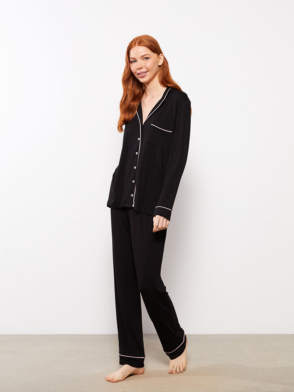 Siyah Gömlek Yaka Düz Uzun Kollu Kadın Pijama Takımı-3