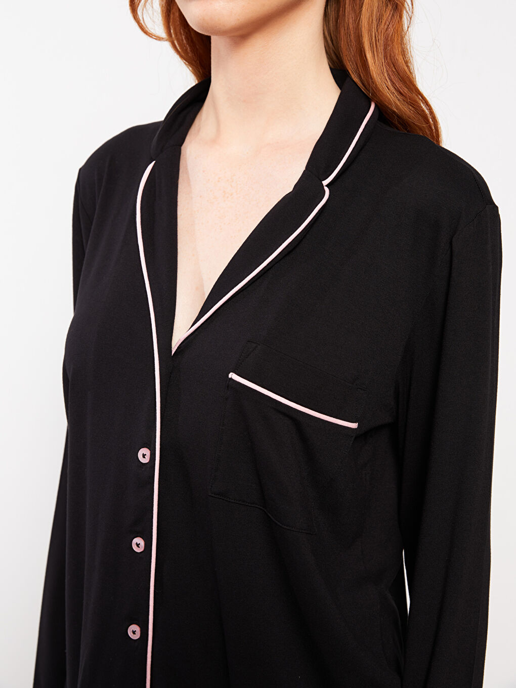 Siyah Gömlek Yaka Düz Uzun Kollu Kadın Pijama Takımı-4