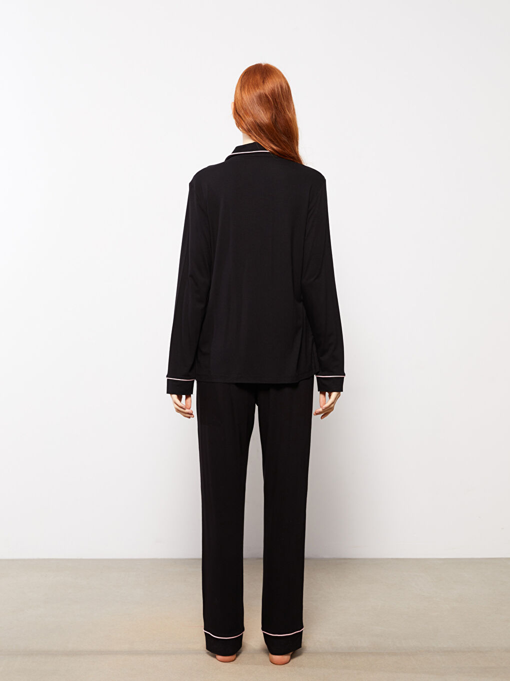 Siyah Gömlek Yaka Düz Uzun Kollu Kadın Pijama Takımı-5