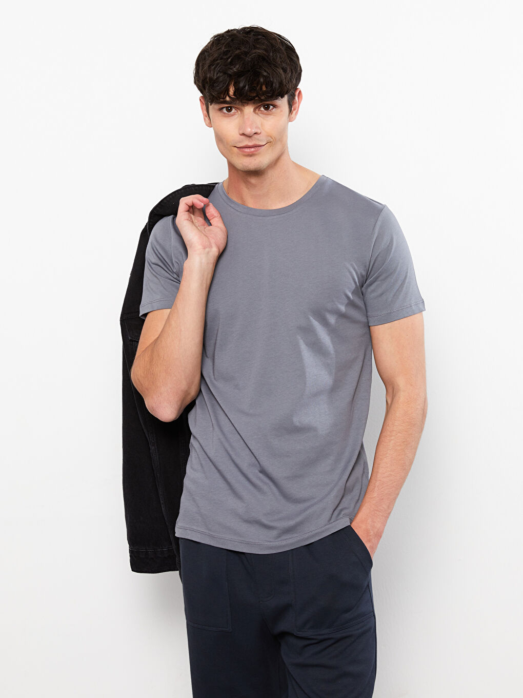 Gri Bisiklet Yaka Penye Erkek Tişört