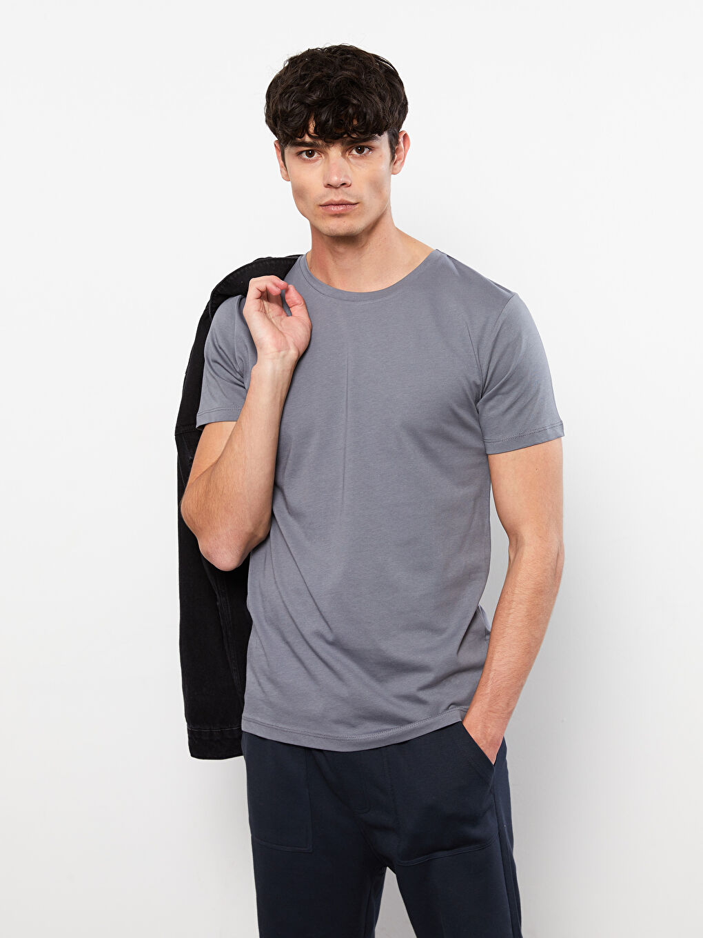 Gri Bisiklet Yaka Penye Erkek Tişört-1