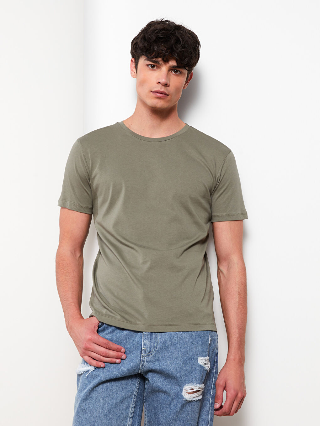 Haki Bisiklet Yaka Penye Erkek Tişört-2