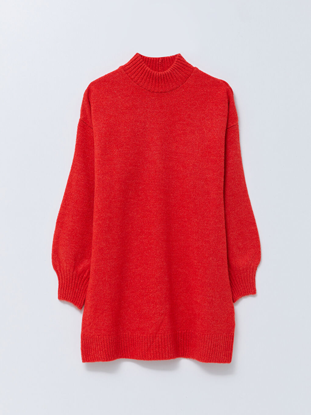 Kırmızı Yarım Balıkçı Yaka Düz Uzun Kollu Kadın Triko Tunik