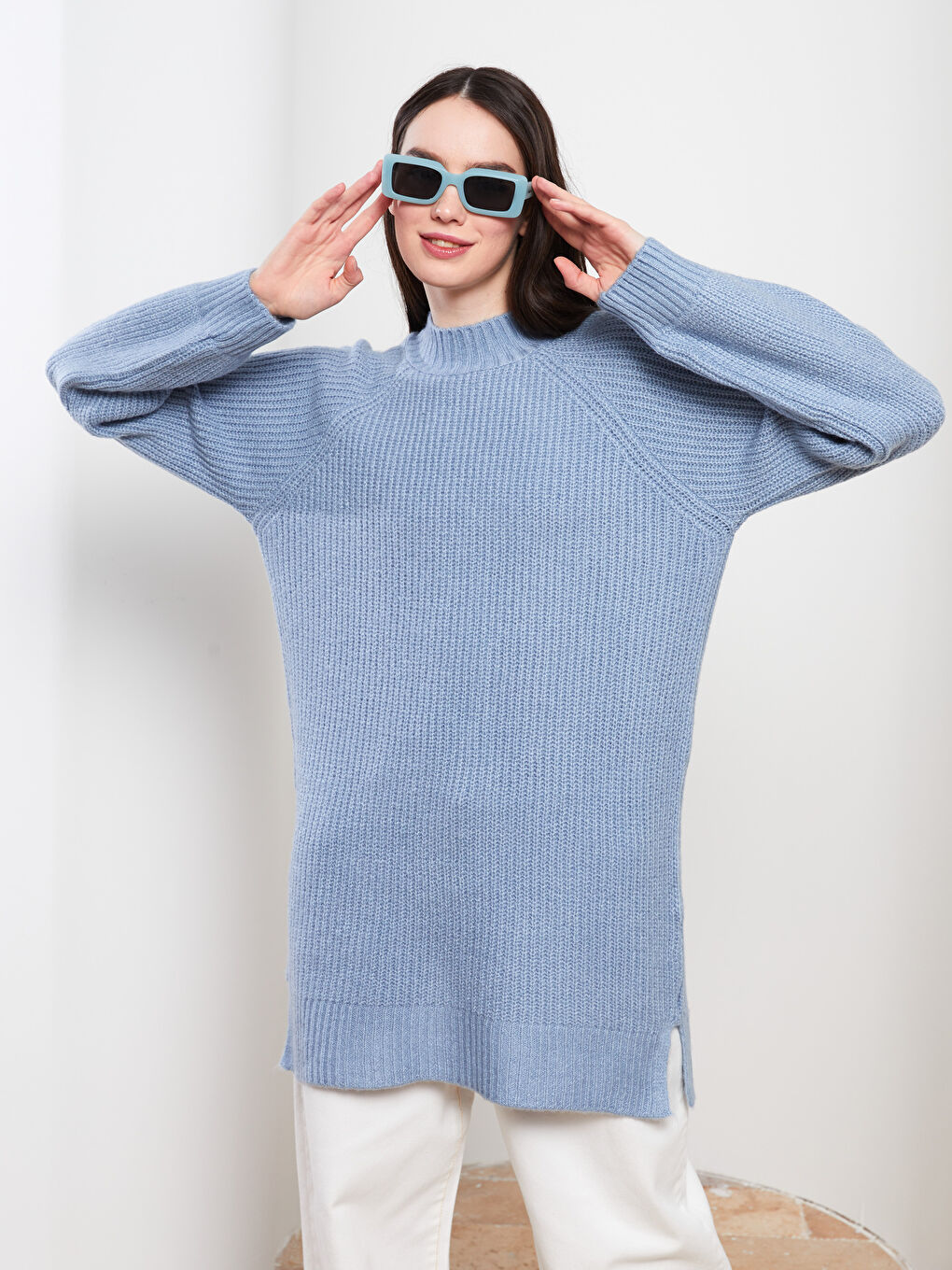 Mavi Yarım Balıkçı Yaka Düz Uzun Kollu Kadın Tunik-1