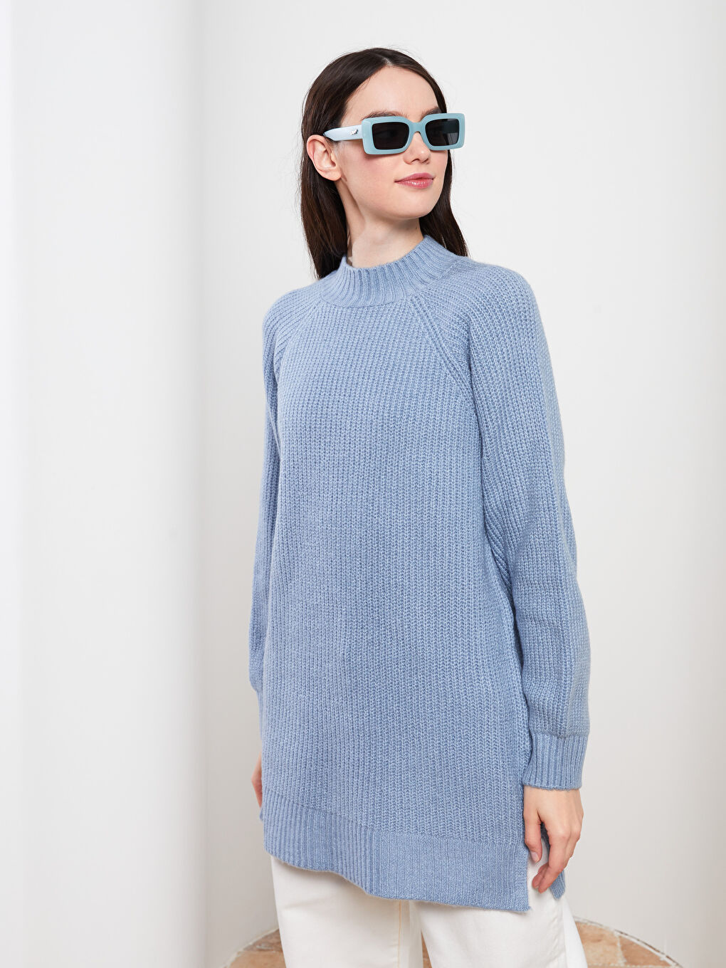 Mavi Yarım Balıkçı Yaka Düz Uzun Kollu Kadın Tunik-2