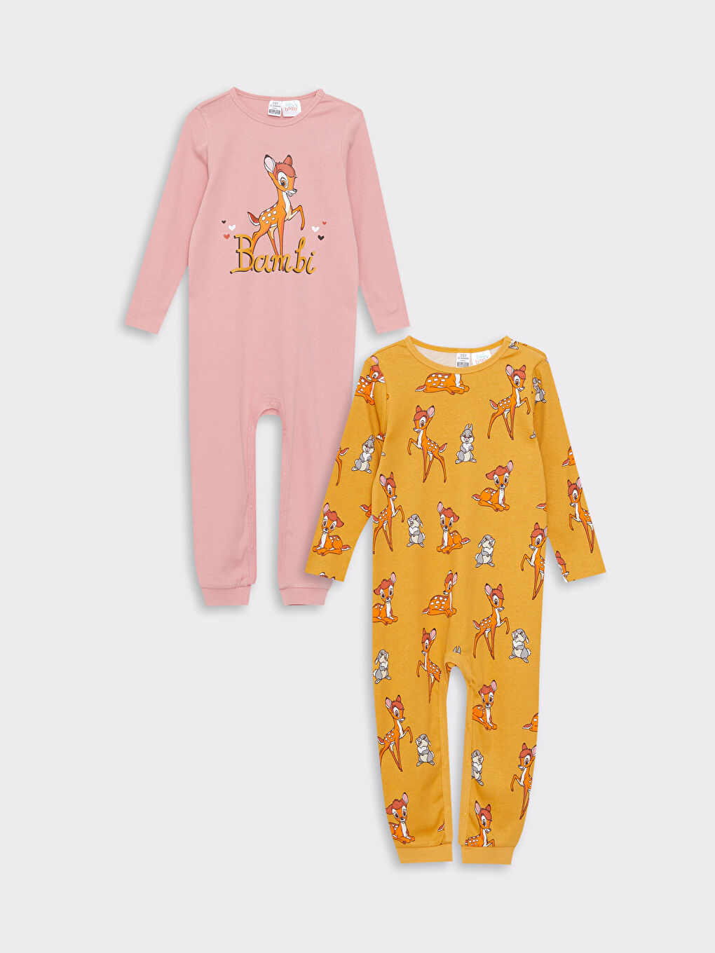 Crew Neck Long Sleeve Bambi Printed Cotton Baby Girl Jumpsuit 2-Pack