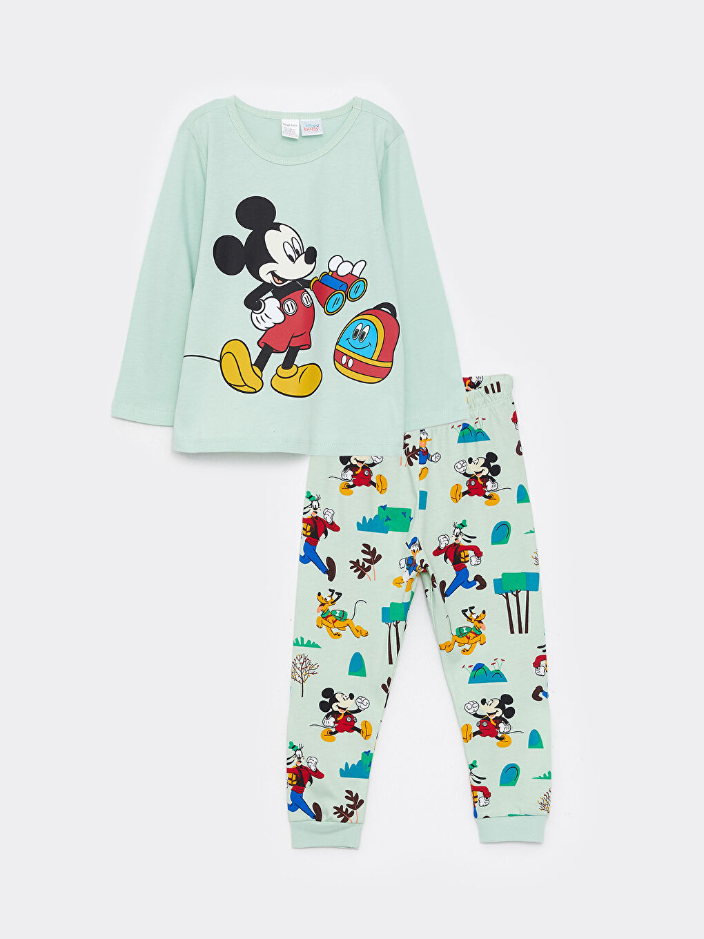 LCW baby Yeşil Bisiklet Yaka Uzun Kollu Mickey Mouse Baskılı Erkek Bebek Pijama Takım