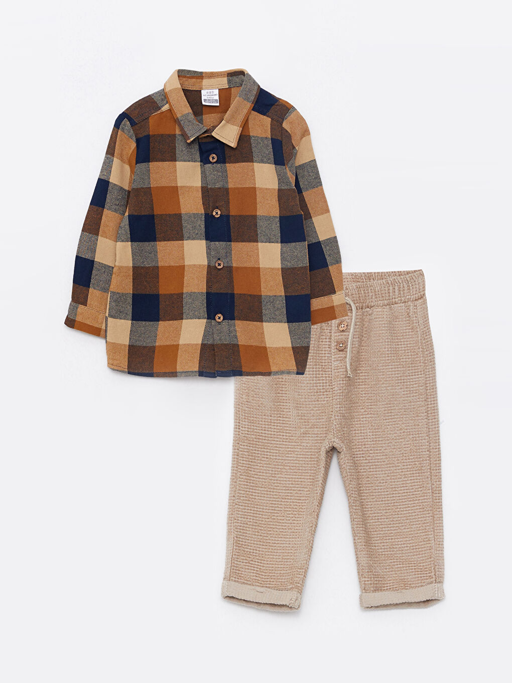 Kahverengi Uzun Kollu Ekose Desenli Erkek Bebek Gömlek ve Pantolon 2'li Takım