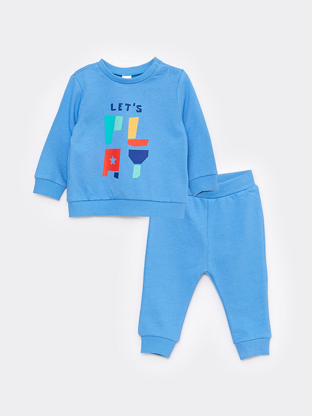 LCW baby Mavi Bisiklet Yaka Uzun Kollu Baskılı Erkek Bebek Sweatshirt ve Pantolon 2'li Takım