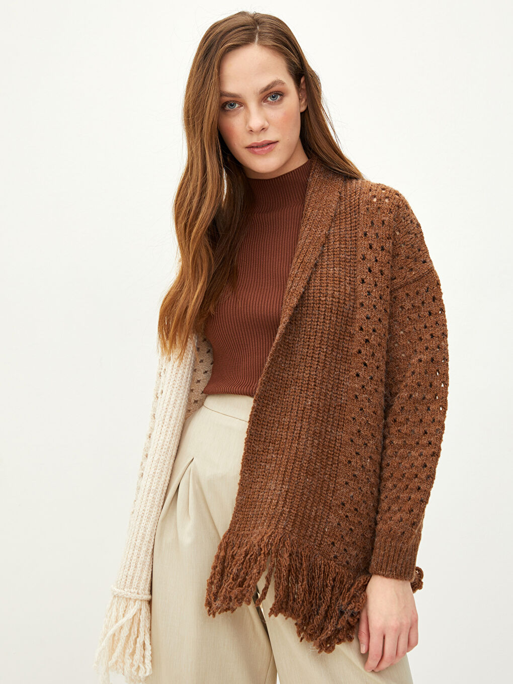 Кардиган из трикотажа с шалевым воротником, цветовым блоком и длинным рукавом для женщин