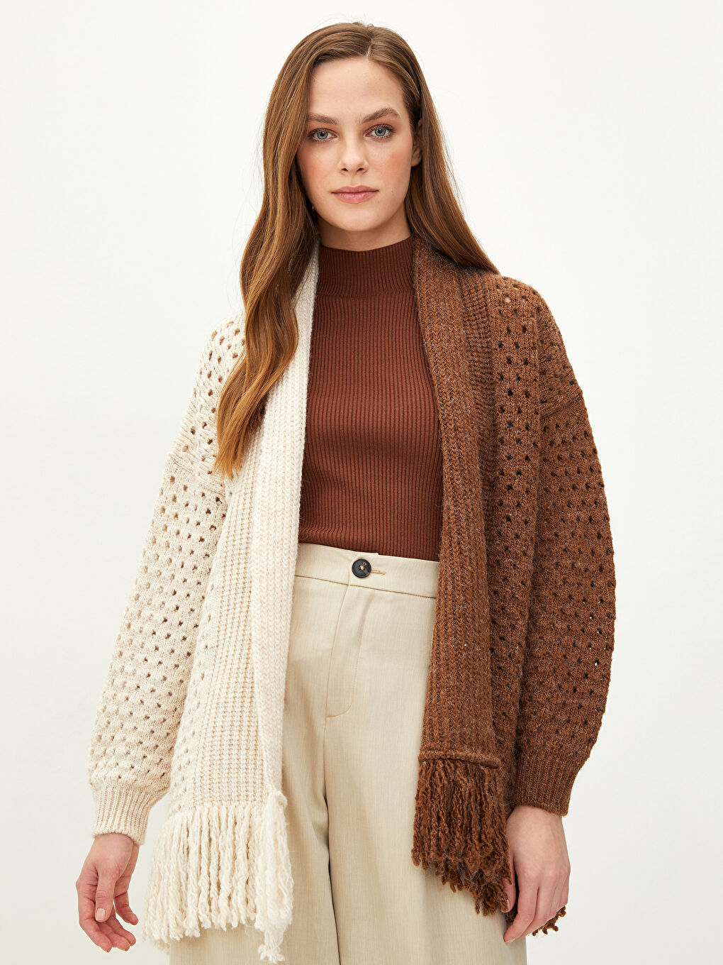 Кардиган из трикотажа с шалевым воротником, цветовым блоком и длинным рукавом для женщин-1