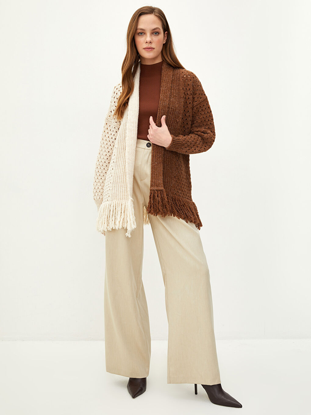 Кардиган из трикотажа с шалевым воротником, цветовым блоком и длинным рукавом для женщин-2