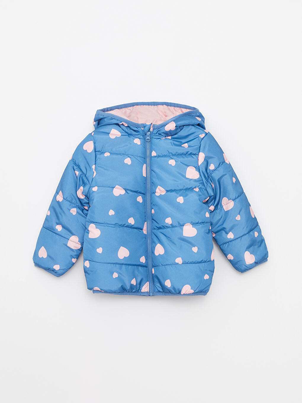 Mavi Kapüşonlu Uzun Kollu Baskılı Kız Bebek Mont