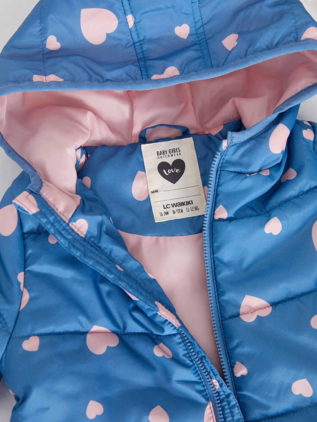 Mavi Kapüşonlu Uzun Kollu Baskılı Kız Bebek Mont-2