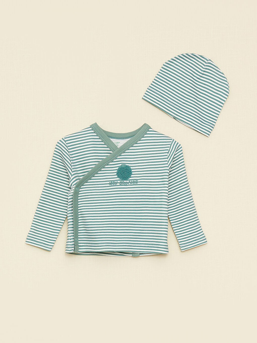 Ensemble Layette Bébé Garçon en Coton Bio Rayé à Manches Longues et Col Enveloppe-1
