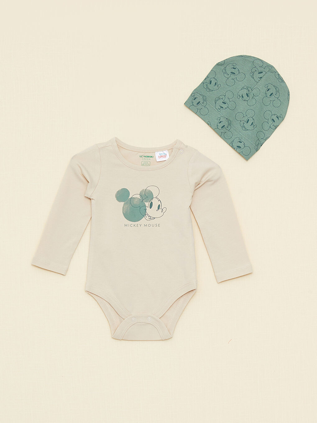 Bej Bisiklet Yaka Uzun Kollu Mickey Mouse Baskılı Organik Pamuklu Erkek Bebek Hastane Çıkış Seti-1
