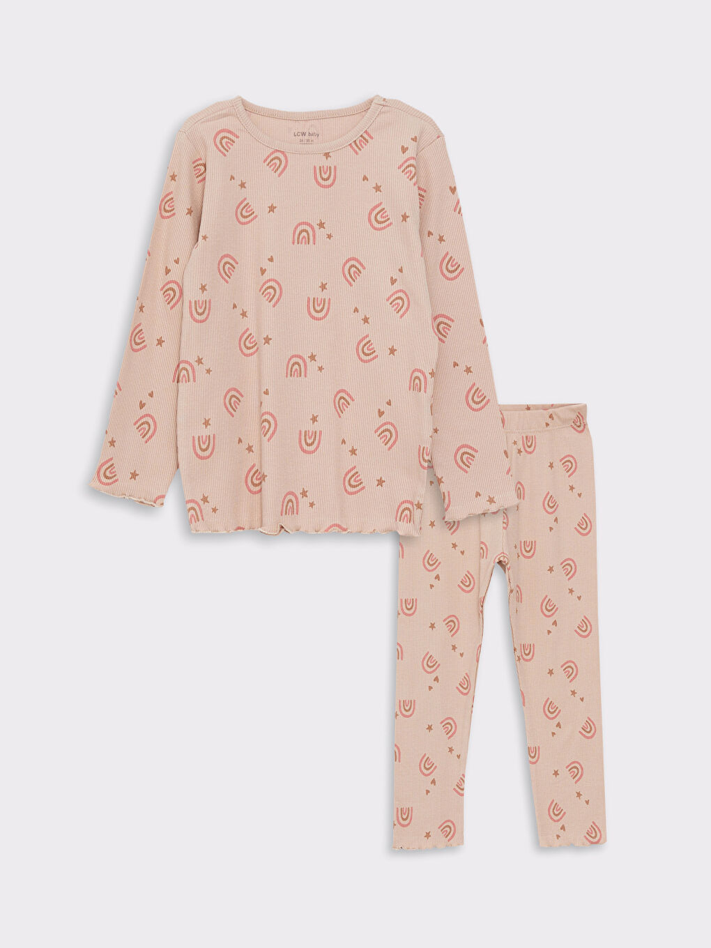 Bej Bisiklet Yaka Uzun Kollu Baskılı Kız Bebek Pijama Takımı