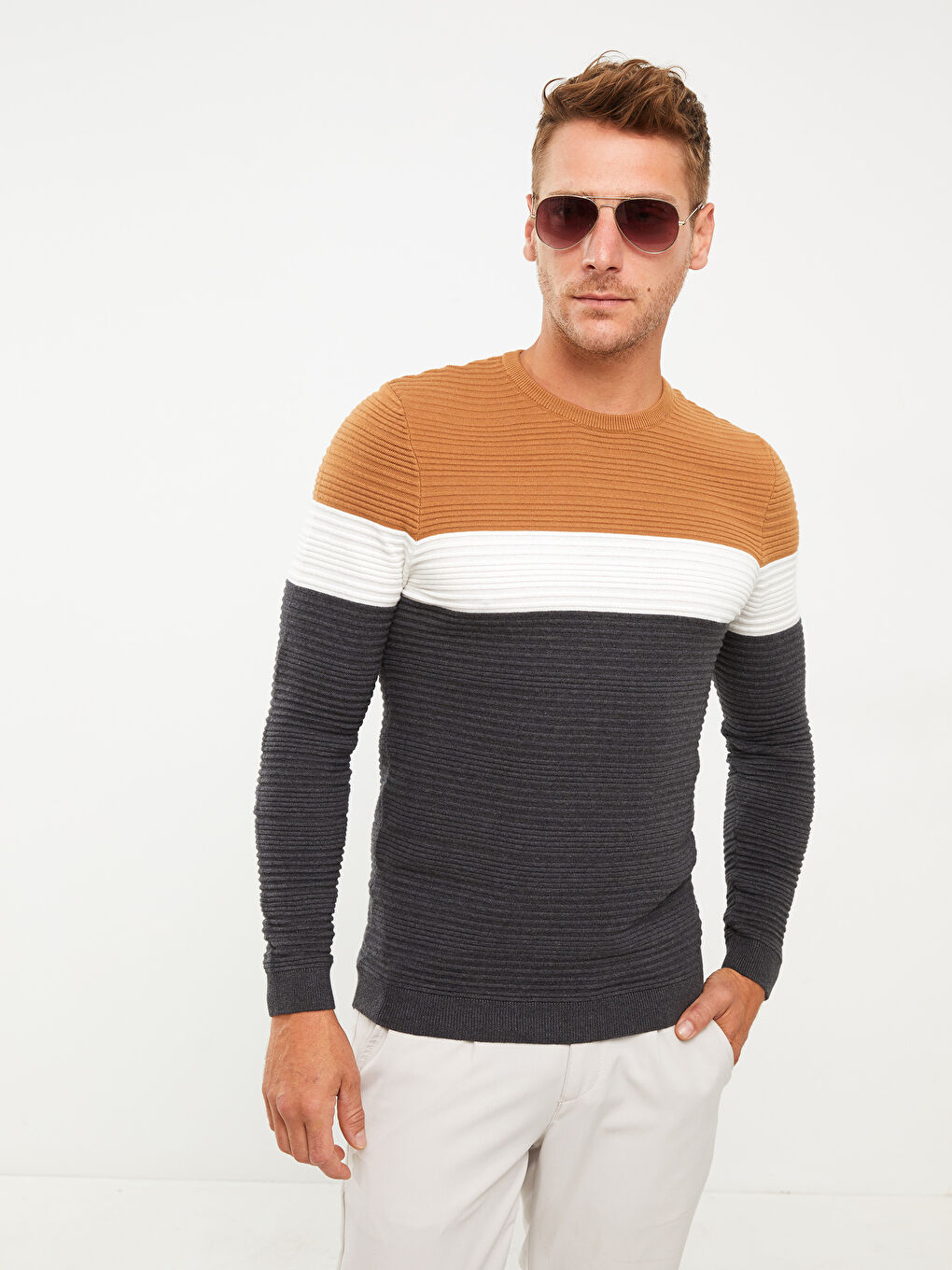 LCW Vision Rundhalsausschnitt Langarm Farbblock Herren Strickpullover -W22271Z8-JJL