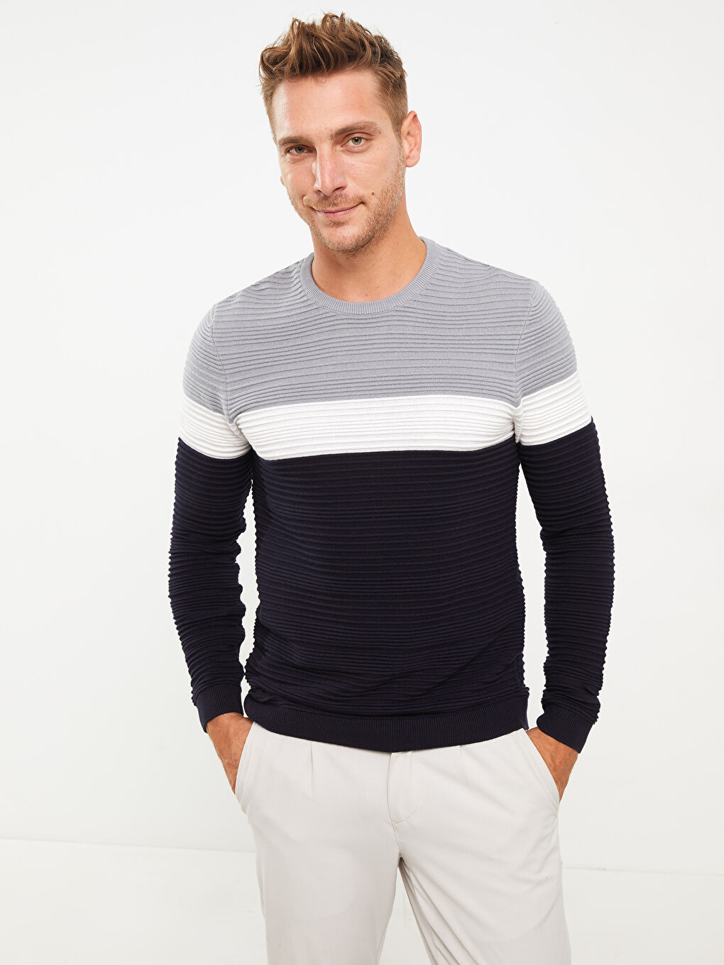 LC Waikiki Crew Neck Long Sleeve Color Block Men's Knitwear Sweater -W22271Z8-LAL