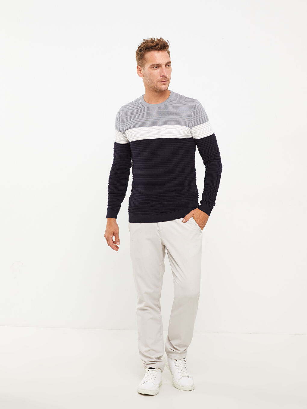 LC Waikiki Crew Neck Long Sleeve Color Block Men's Knitwear Sweater -W22271Z8-LAL