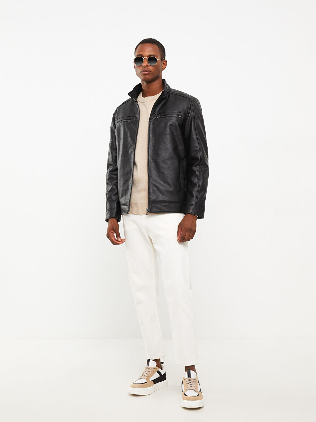 Standard Fit Collared Neck Men's Leather Look Coat-3