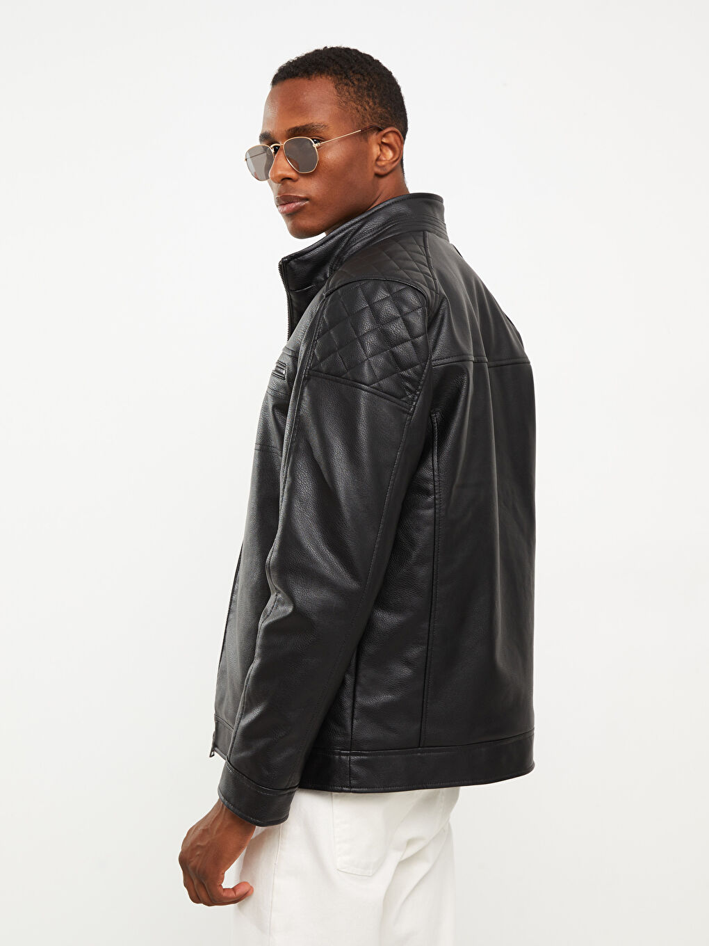 Standard Fit Collared Neck Men's Leather Look Coat-4