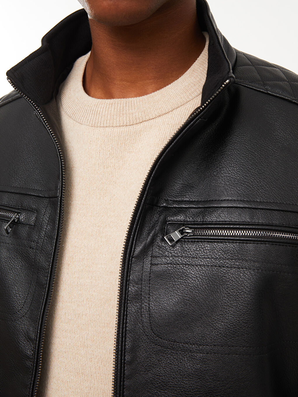 Standard Fit Collared Neck Men's Leather Look Coat-5