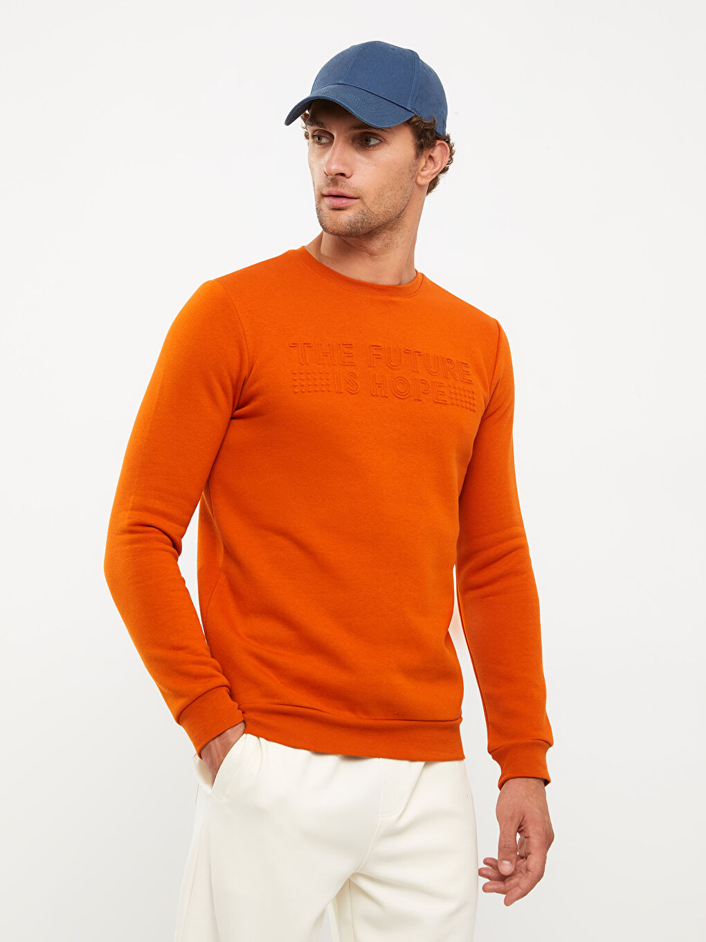 Turuncu Bisiklet Yaka Baskılı Erkek Kalın Sweatshirt-1