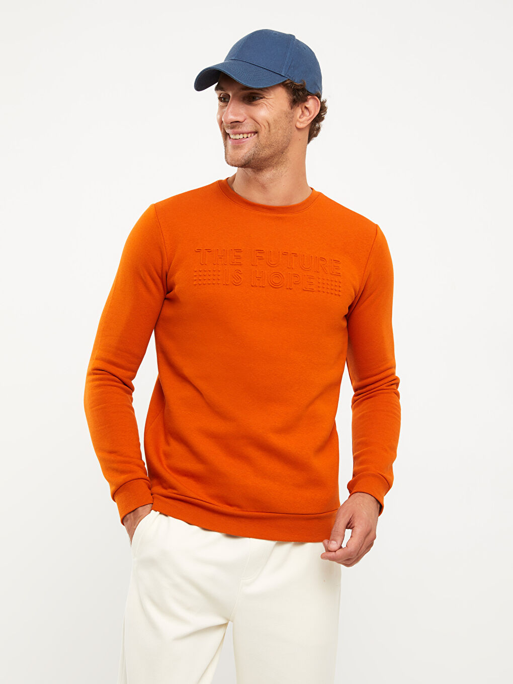 Turuncu Bisiklet Yaka Baskılı Erkek Kalın Sweatshirt-2