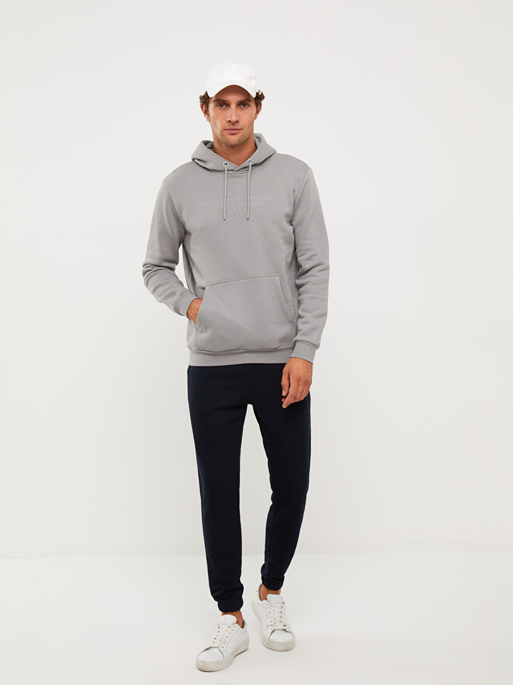 Gri Uzun Kollu Baskılı Erkek Kalın Hoodie