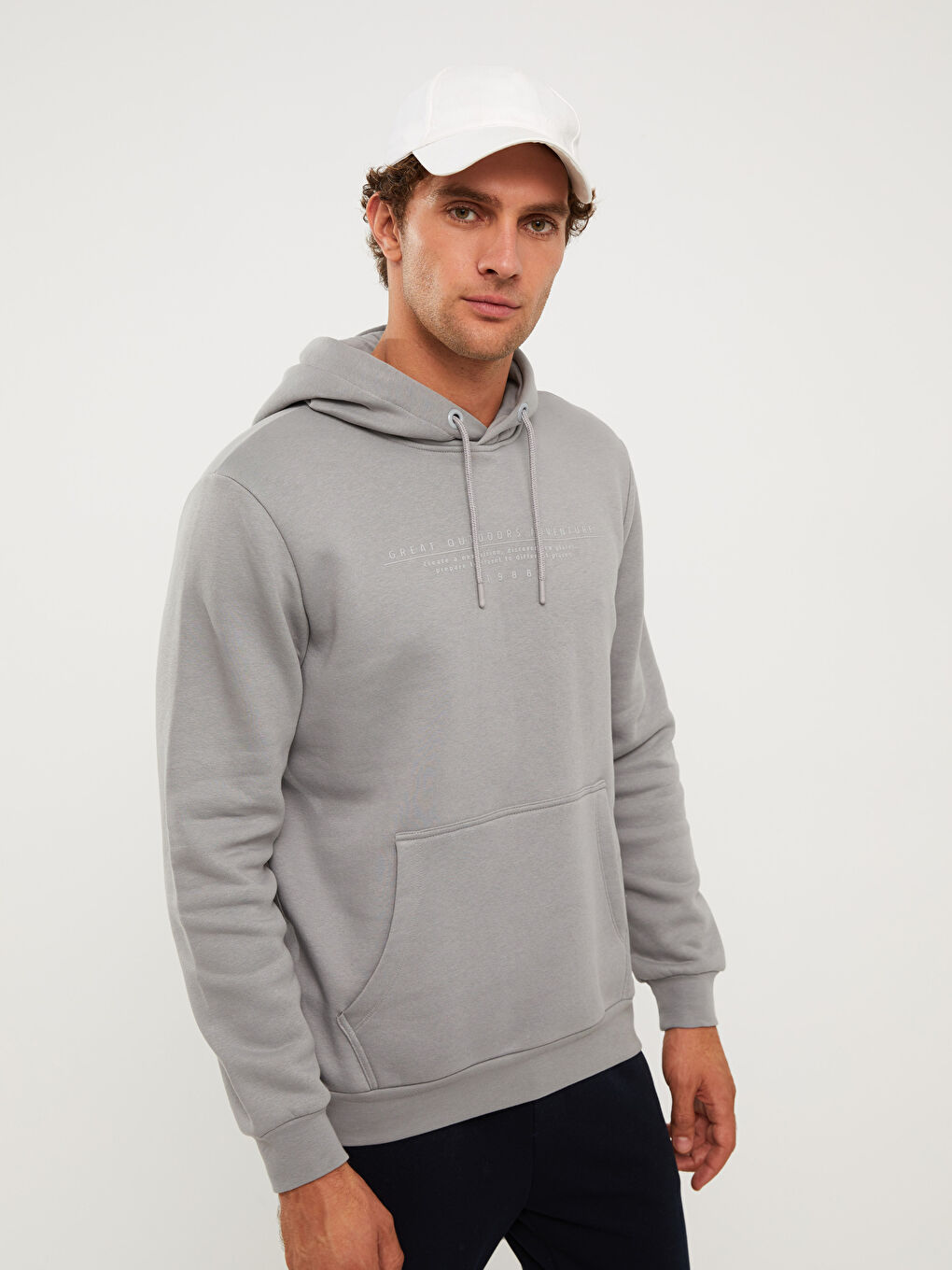 Gri Uzun Kollu Baskılı Erkek Kalın Hoodie-1