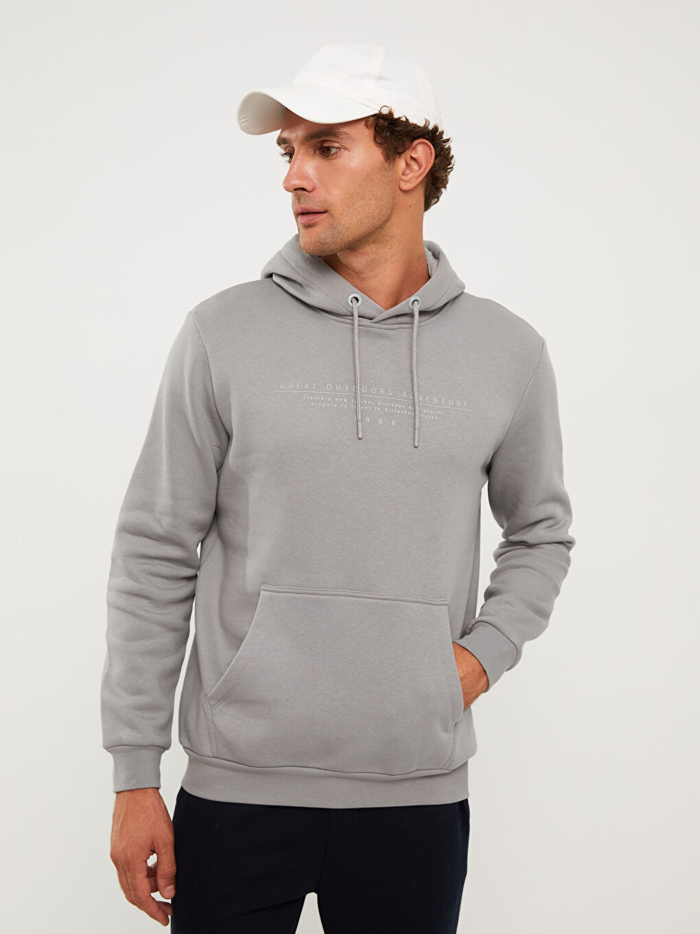 Gri Uzun Kollu Baskılı Erkek Kalın Hoodie-2