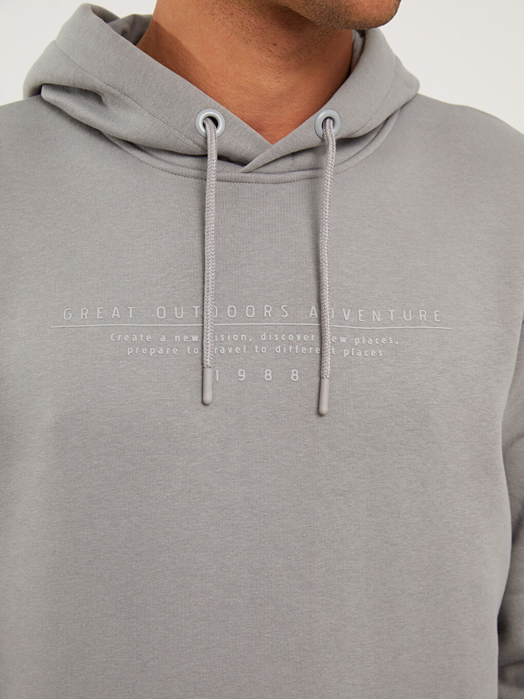 Gri Uzun Kollu Baskılı Erkek Kalın Hoodie-3