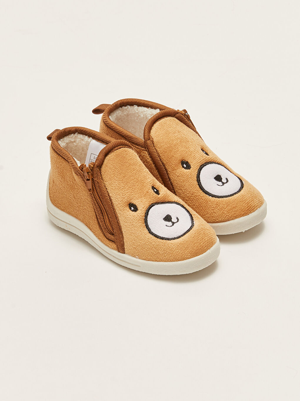 Kahverengi Nakışlı Fermuarlı Erkek Bebek Panduf