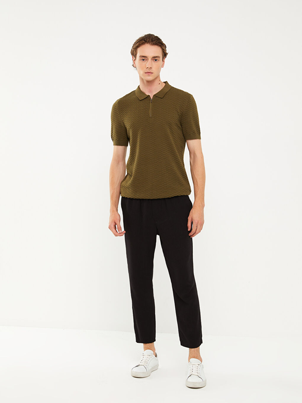 Haki Polo Yaka Kısa Kollu Erkek Triko Kazak