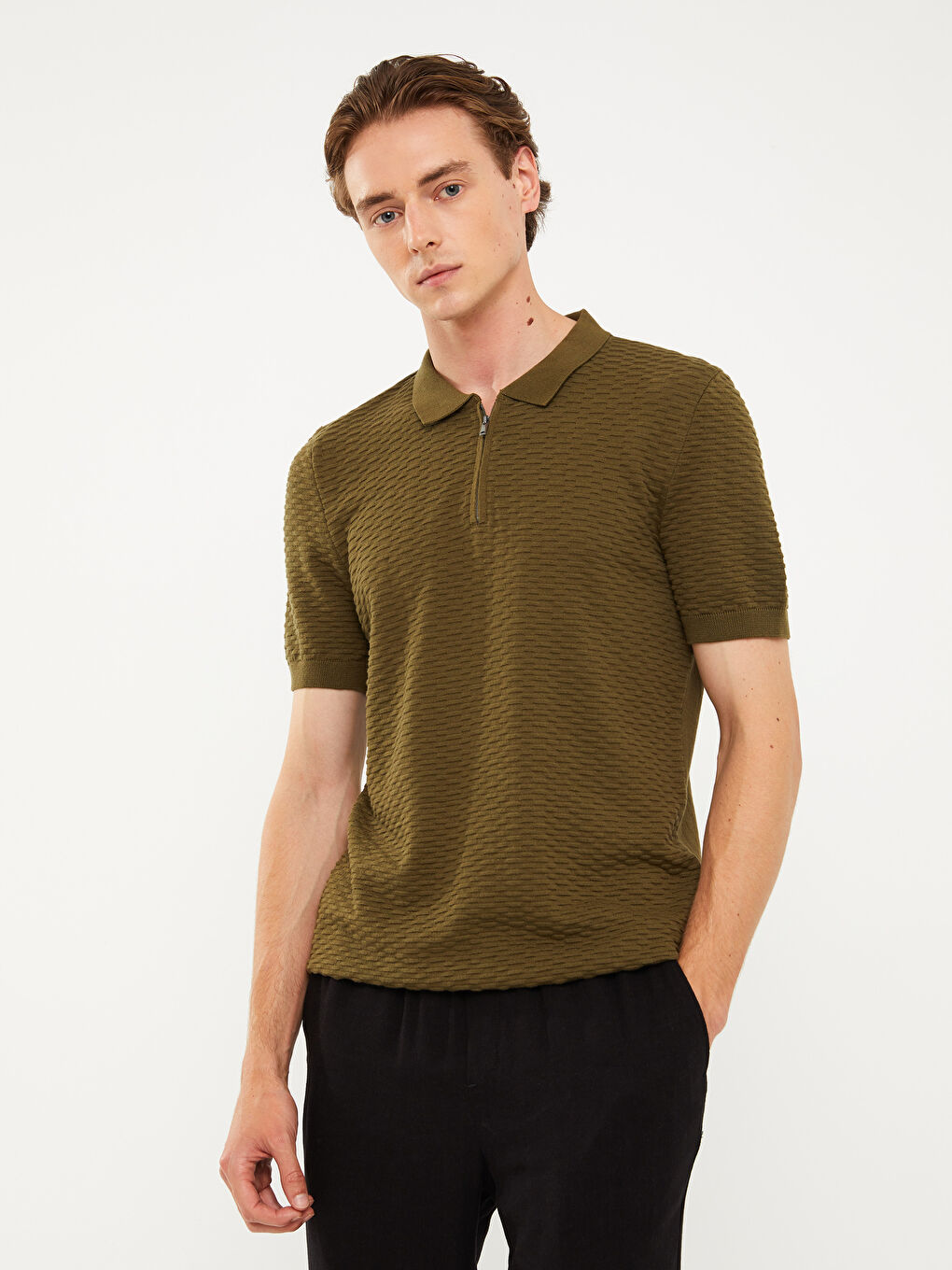 Haki Polo Yaka Kısa Kollu Erkek Triko Kazak-1