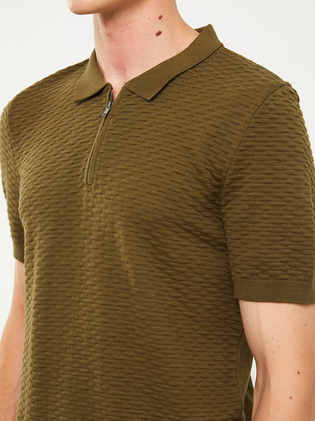 Haki Polo Yaka Kısa Kollu Erkek Triko Kazak-3
