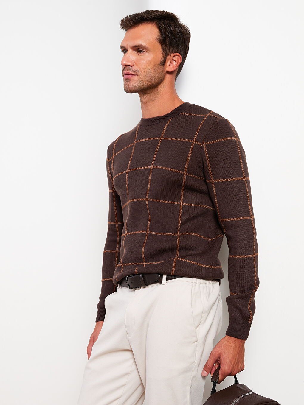 Kahverengi Bisiklet Yaka Uzun Kollu Çizgili Erkek Triko Kazak