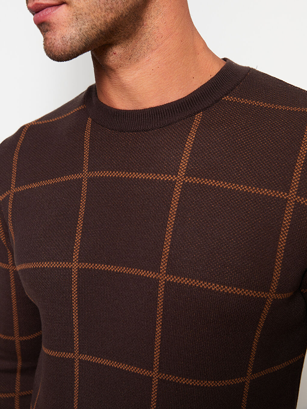 Kahverengi Bisiklet Yaka Uzun Kollu Çizgili Erkek Triko Kazak-3