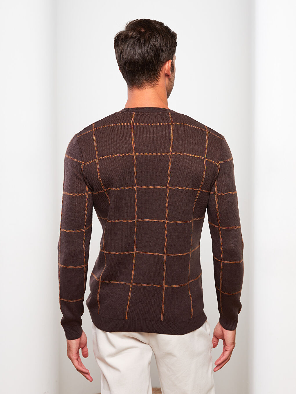 Kahverengi Bisiklet Yaka Uzun Kollu Çizgili Erkek Triko Kazak-4