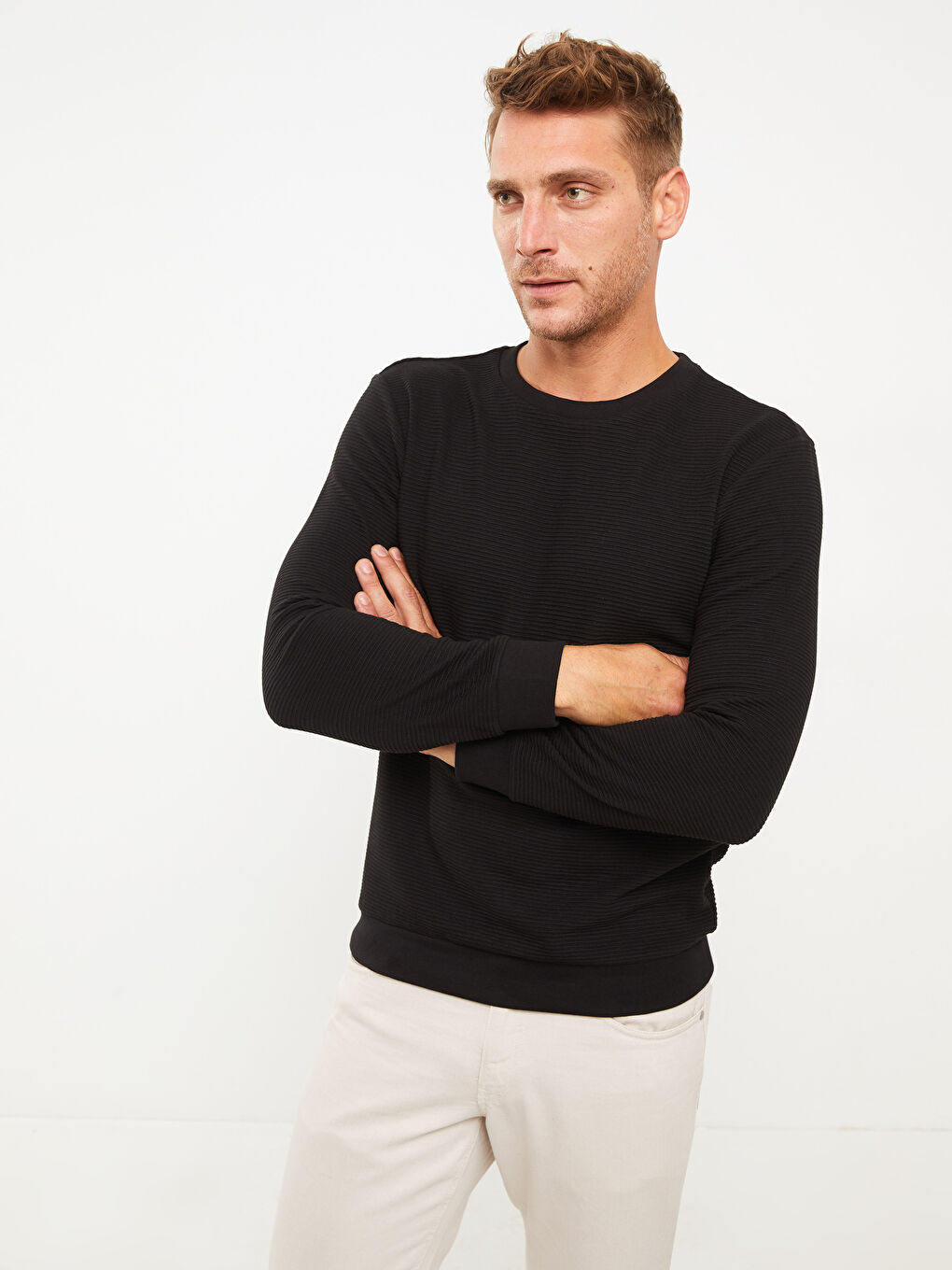 Siyah Bisiklet Yaka Uzun Kollu Erkek Sweatshirt