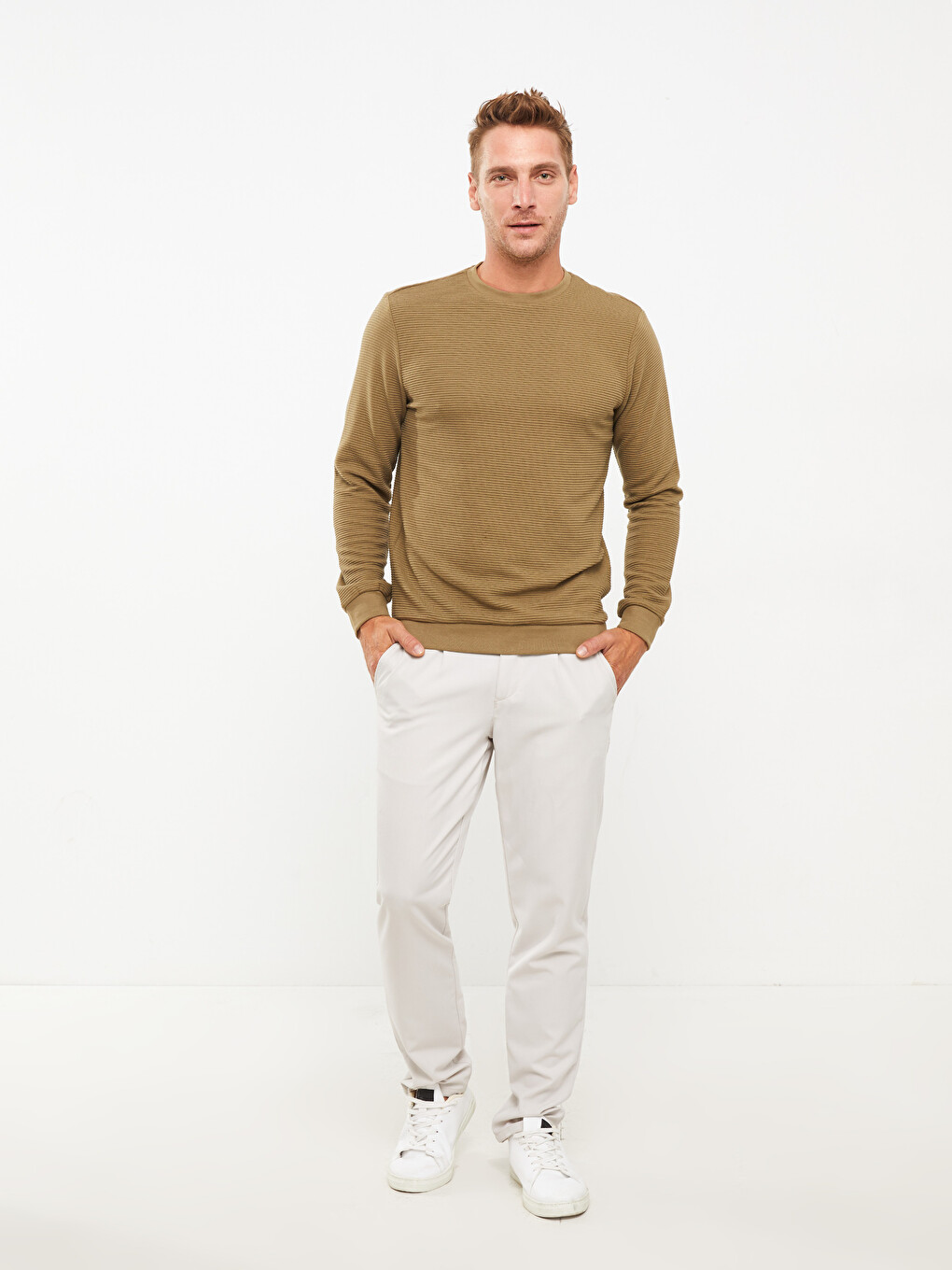 Haki Bisiklet Yaka Uzun Kollu Erkek Sweatshirt