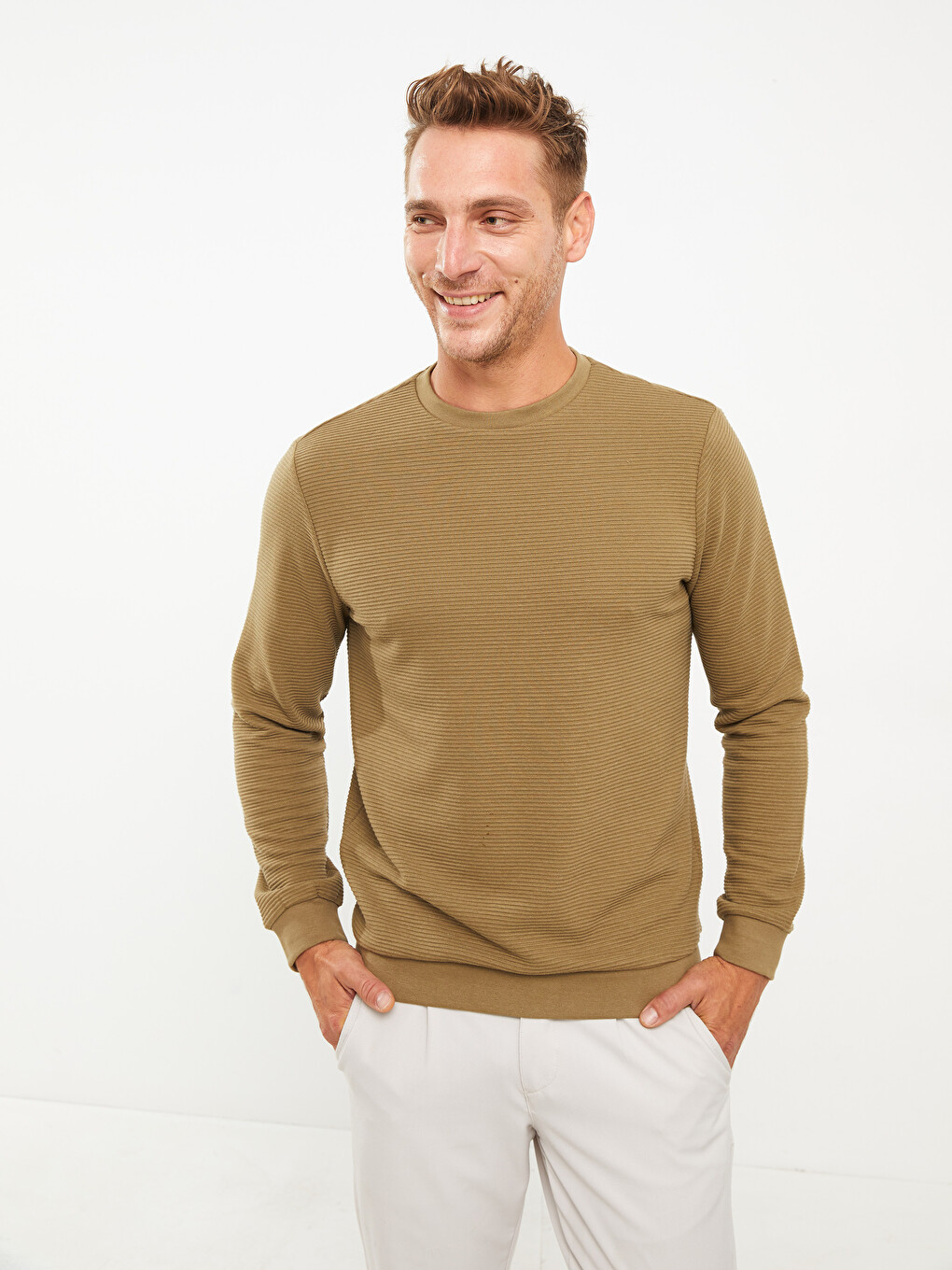 Haki Bisiklet Yaka Uzun Kollu Erkek Sweatshirt-1