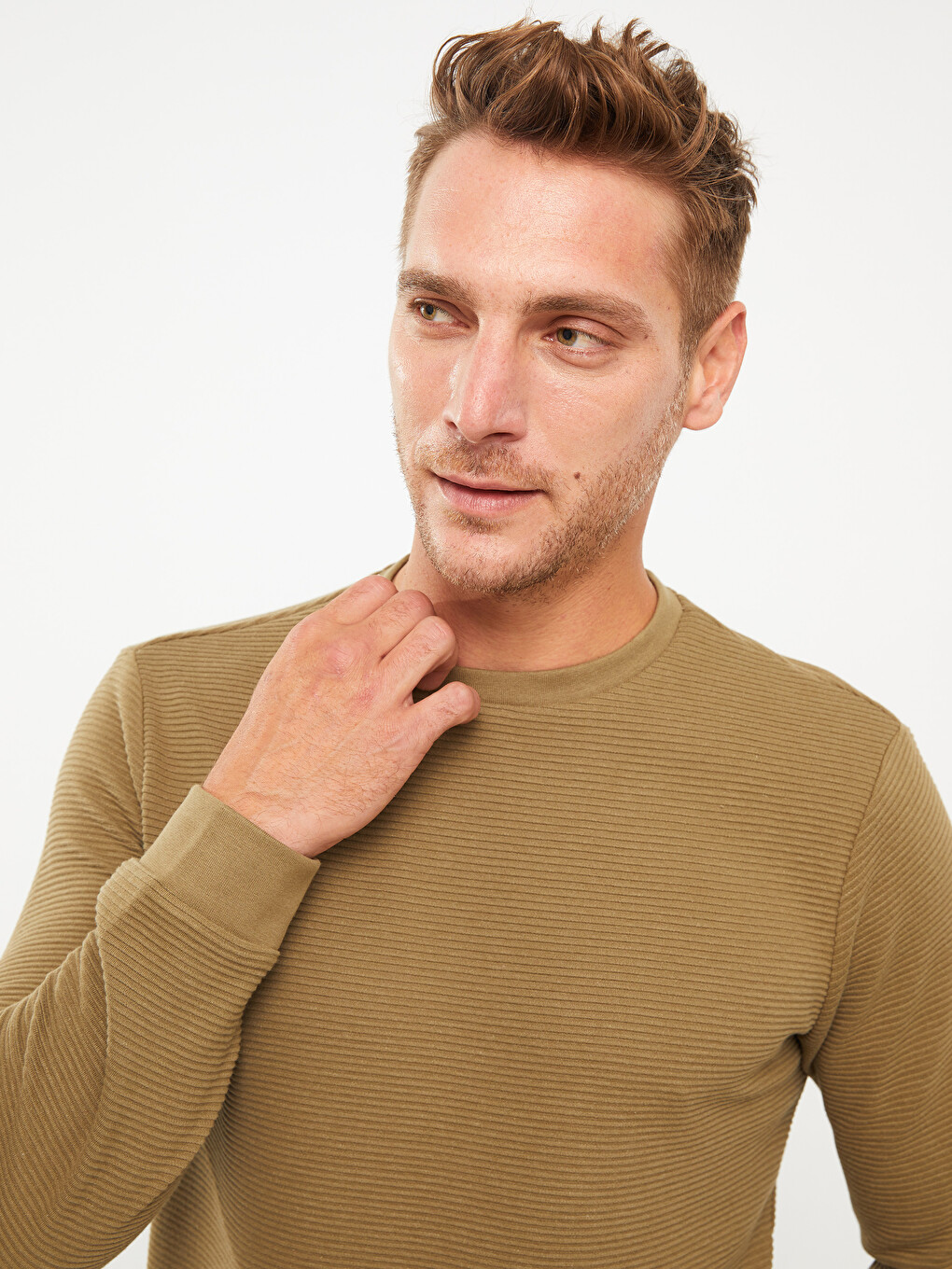Haki Bisiklet Yaka Uzun Kollu Erkek Sweatshirt-2
