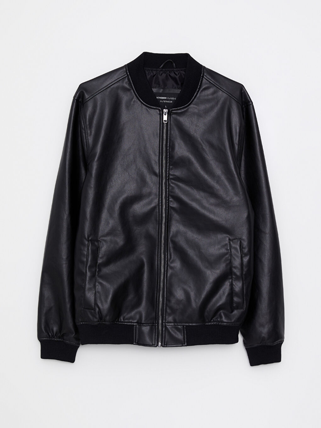 Siyah Standart Kalıp Kolej Yaka Erkek Deri Görünümlü Mont-5